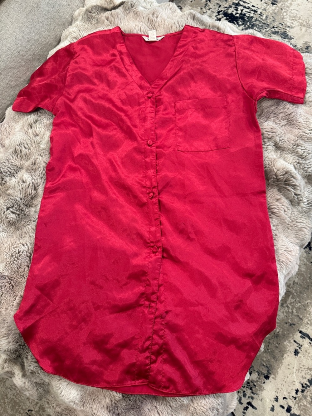 Vanity Fair Satin Red Short-Sleeve Button Night Gown